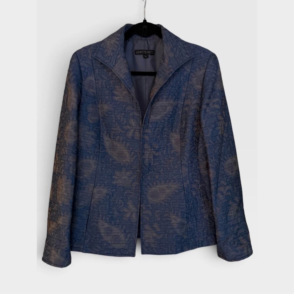 Lafayette 148 New York Floral Jacquard Blazer Blue Brown Wool Silk Blend